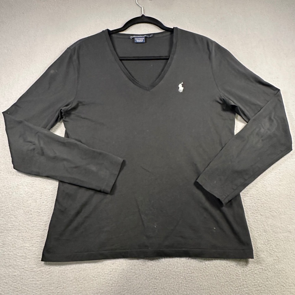 Ralph Lauren Sport Womens V-Neck Long Sleeve Cotton Tee Shirt Black Large